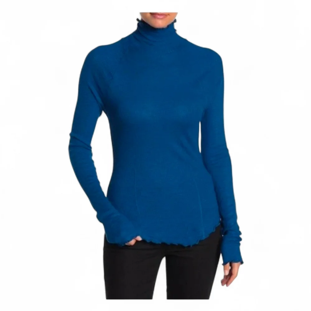 NWOT FREE PEOPLE Blue Skyline Scalloped Hem Mock Neck Thermal - XS